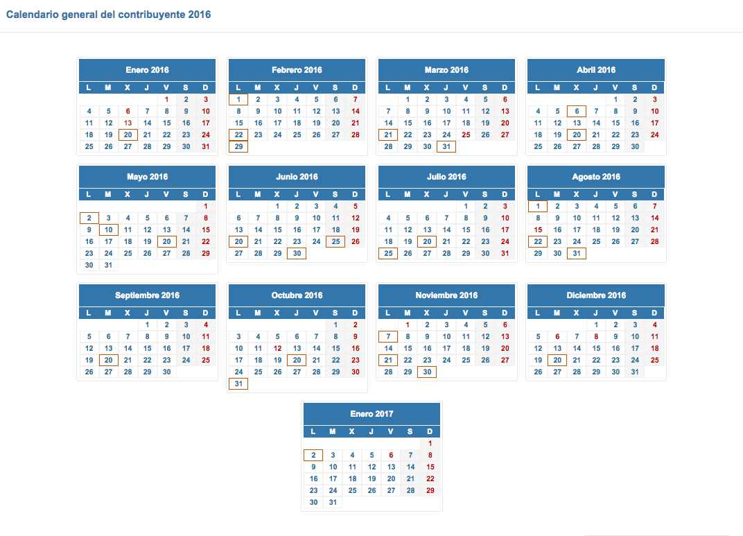 Calendario General del Contribuyente 2016