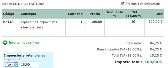 Detalle de factura con precios unitarios con impuestos incluidos
