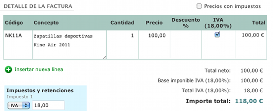 Detalle de factura con precios unitarios sin impuestos