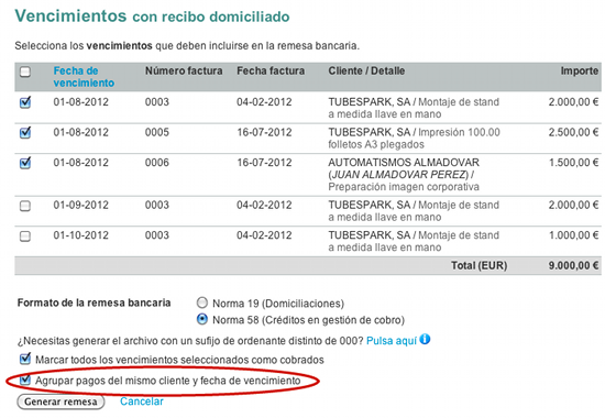 Creación de remesa bancaria, con la nueva opción de agrupación de vencimientos destacada