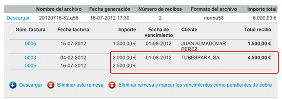 Detalle de la visualización de dos vencimientos agrupados en un solo recibo