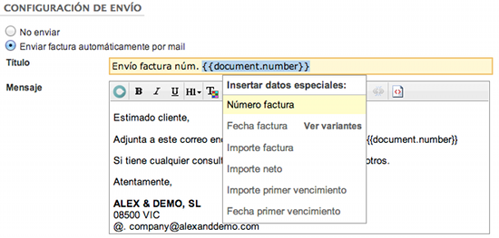 Uso de los textos automáticos en el título del mensaje de envío de la factura