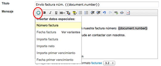 Uso de los textos automáticos en el contenido del mensaje de envío de la factura