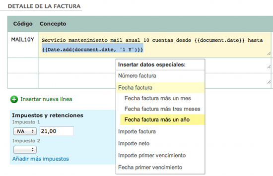 Uso de los textos automáticos en el contenido de las líneas de la factura