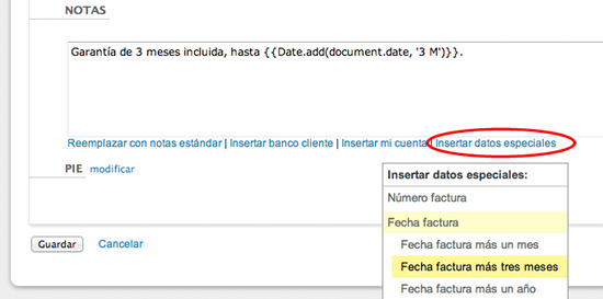 Uso de los textos automáticos en el contenido de las notas de la factura