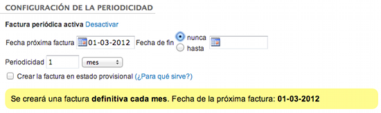 Detalle de la zona de configuración de periodicidad en la generación de facturas