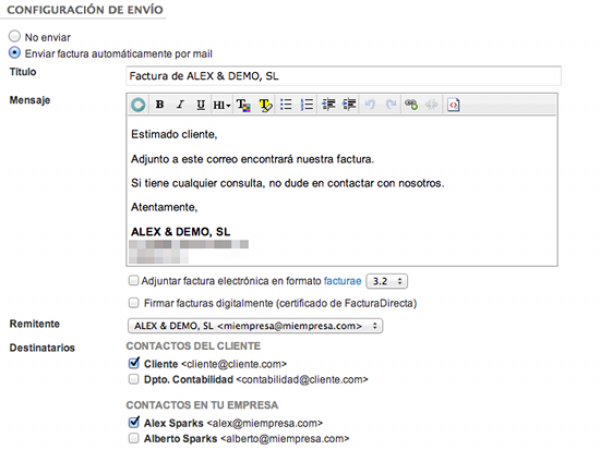 Detalle de la configuración de envío de la factura periódica