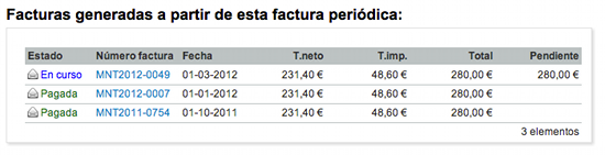 Listado de todas las facturas generadas a partir de la plantilla de factura periódica que se está visualizando