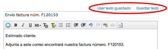 Detalle de los enlaces de acceso a la funcionalidad de personalización de textos para el envío de documentos