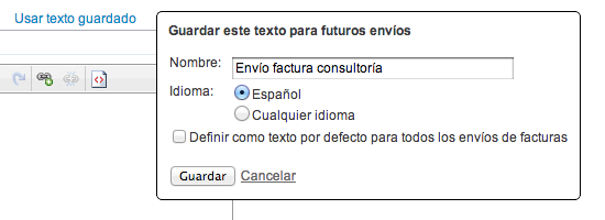Formulario para guardar una plantilla de mensaje de envío de factura