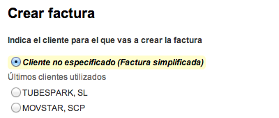 Creación de una factura simplificada (sin cliente seleccionado)