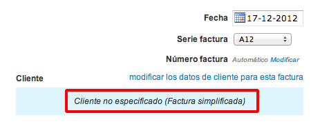 Edición de una factura simplificada sin datos de cliente