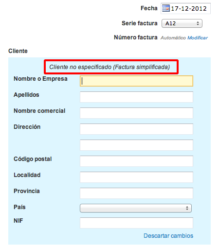 Edición de los datos de cliente en una factura simplificada