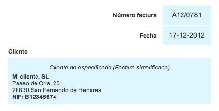 Vista de una factura simplificada con datos de cliente