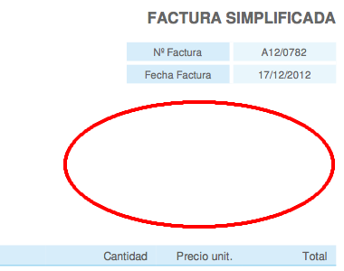Detalle de la impresión de una factura simplificada sin ningún dato del cliente