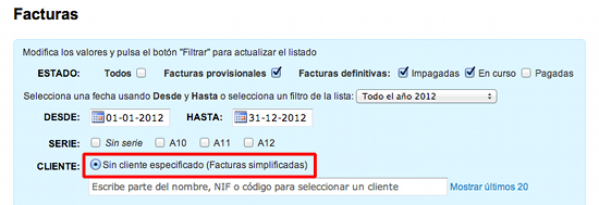 Detalle del filtro de facturas con el selector de facturas simplificadas destacado