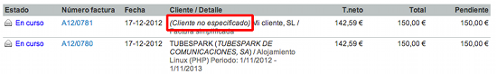 Detalle de un listado de facturas con el indicador de cliente no especificado destacado