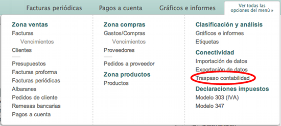 Detalle de la nueva sección de traspaso de contabilidad en el menú general