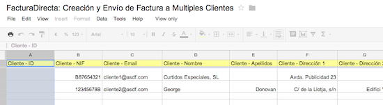 Ejemplo de listado de clientes en Google Spreadsheet