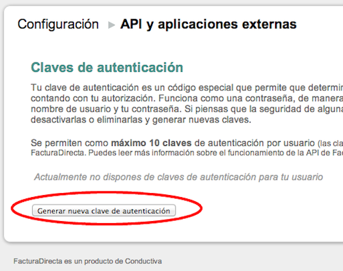 Detalle de la página de configuración de API tokens