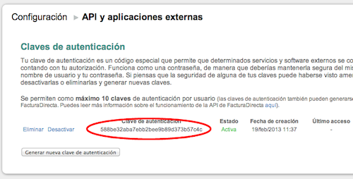 Clave de API token ya generada