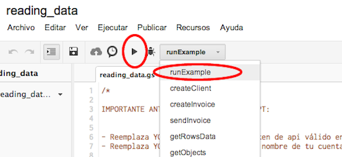 Detalle de ejecución del script runExample()
