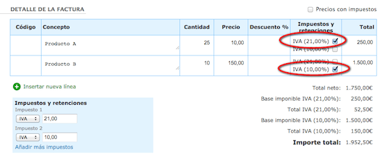 péndulo virtual Autenticación FacturaDirecta: Distintos IVAs a nivel de línea de factura