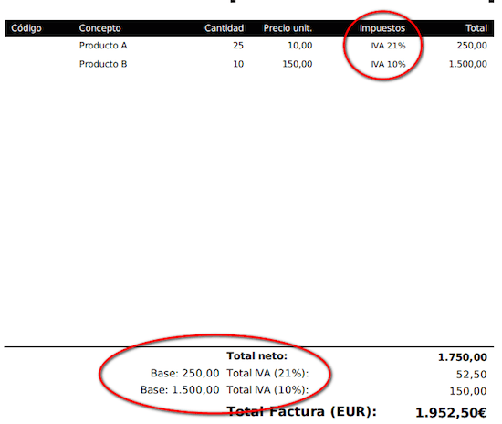 Factura con varios IVAs