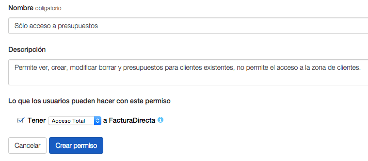 Nombre y descripción del privilegio