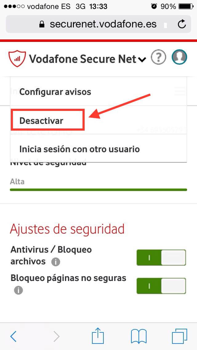 Vodafone Secure Net - Menú desplegable