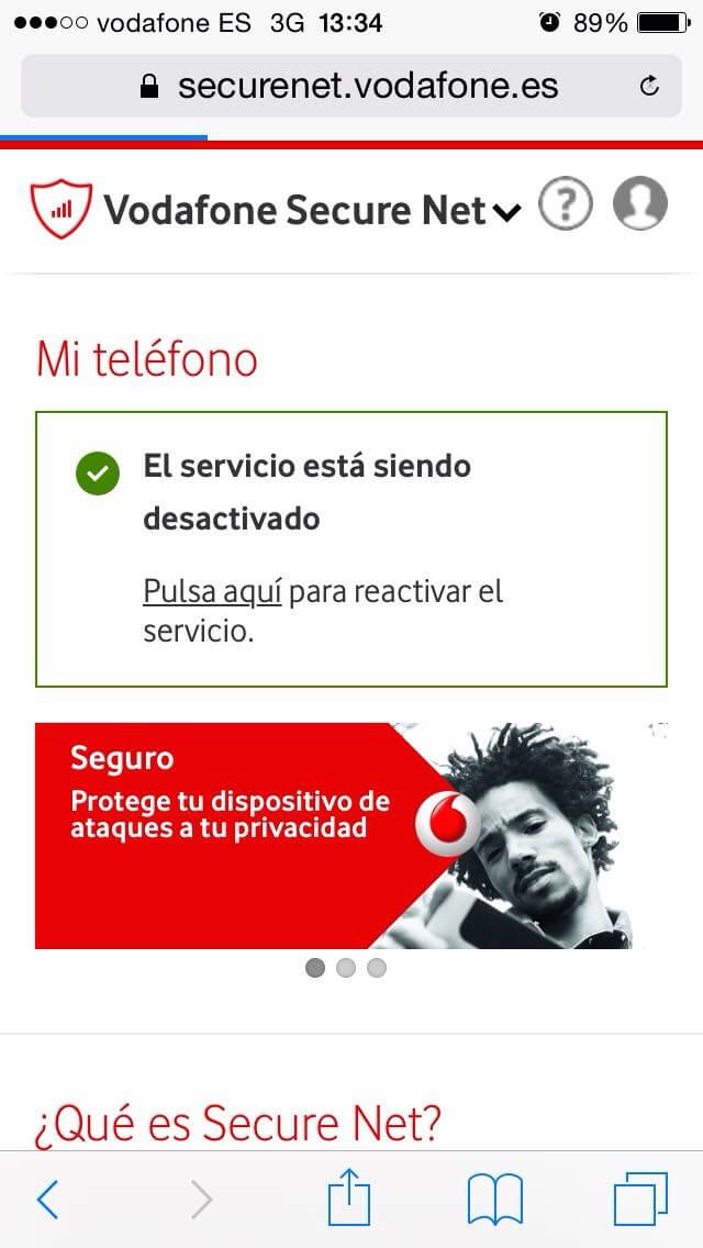 Vodafone Secure Net - Página de confirmación de servicio desactivado