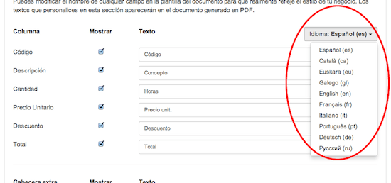 Selector para cambio de idioma en la plantilla