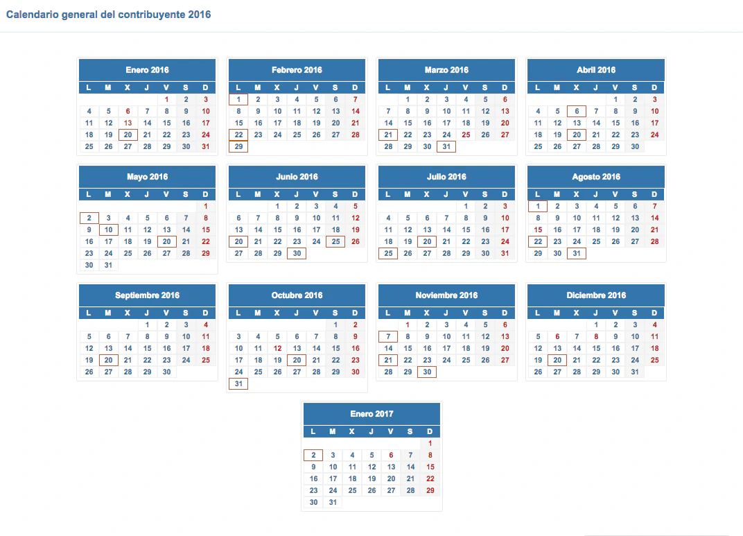 Calendario General del Contribuyente 2016
