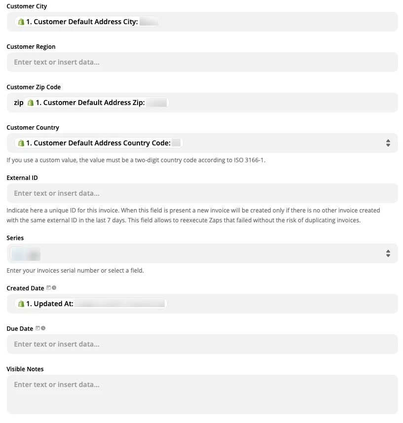 configuración campos shopify zapier facturaDirecta 2