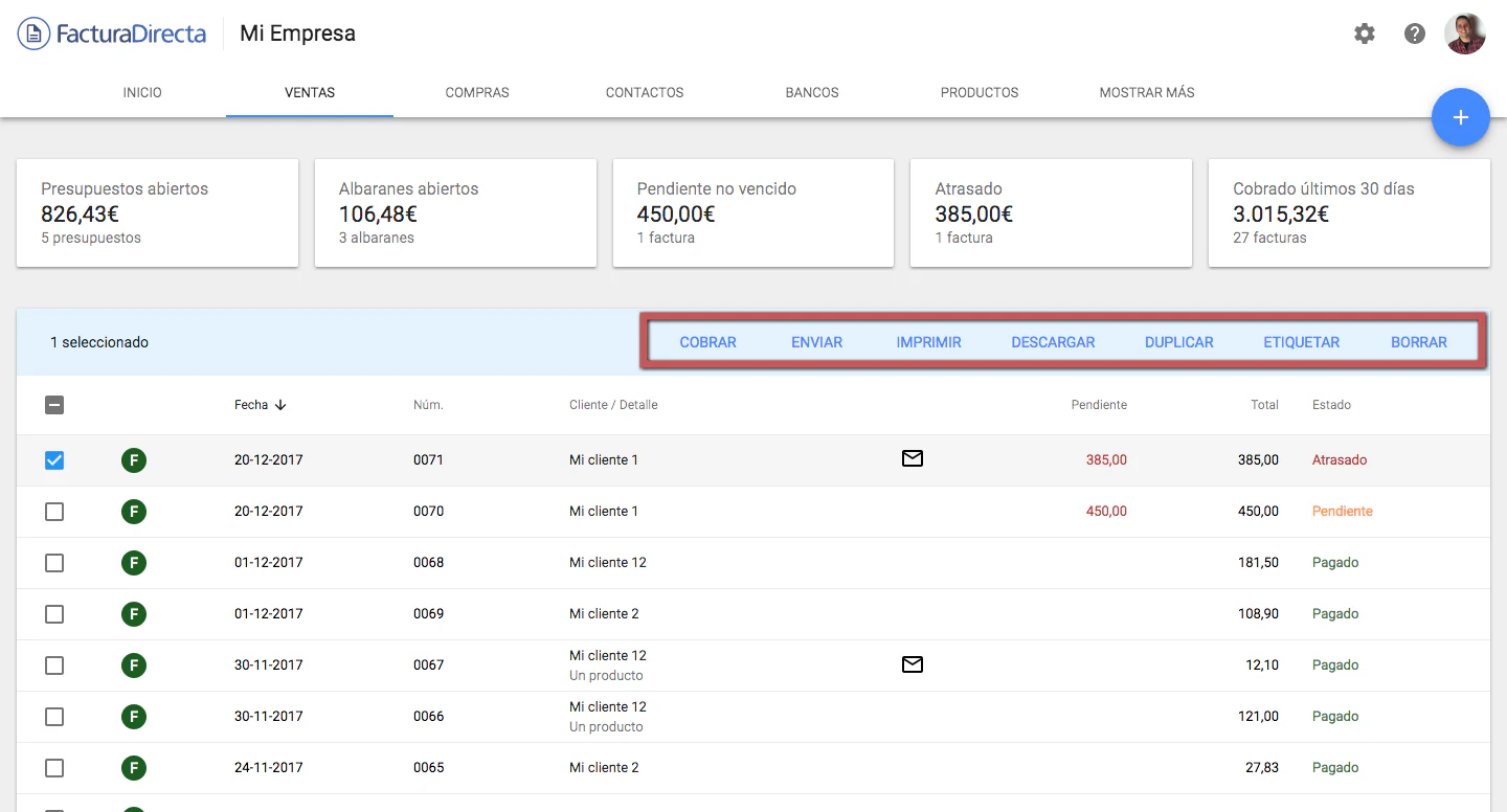 Acciones del listado de ventas