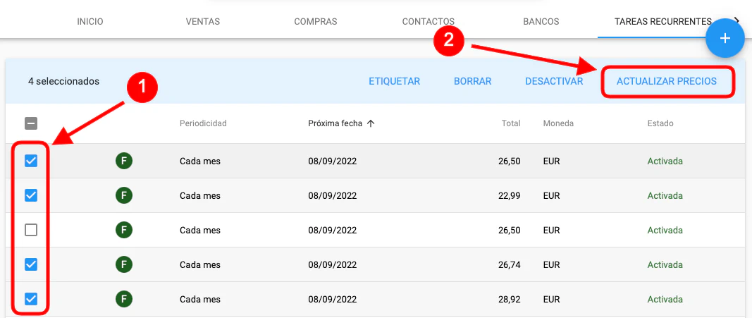 Actualización masiva de precios de documentos recurrentes