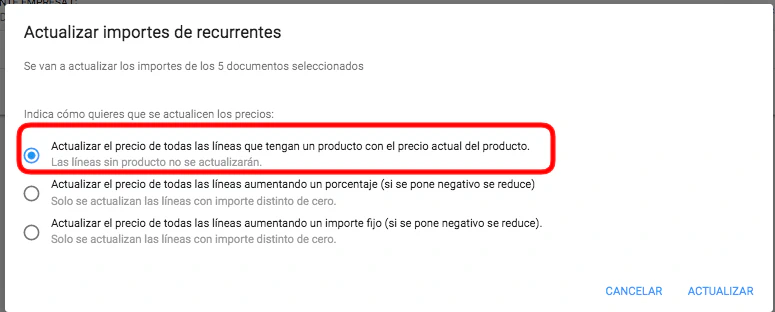 Actualizar el precio de las líneas con el precio actualizado del producto