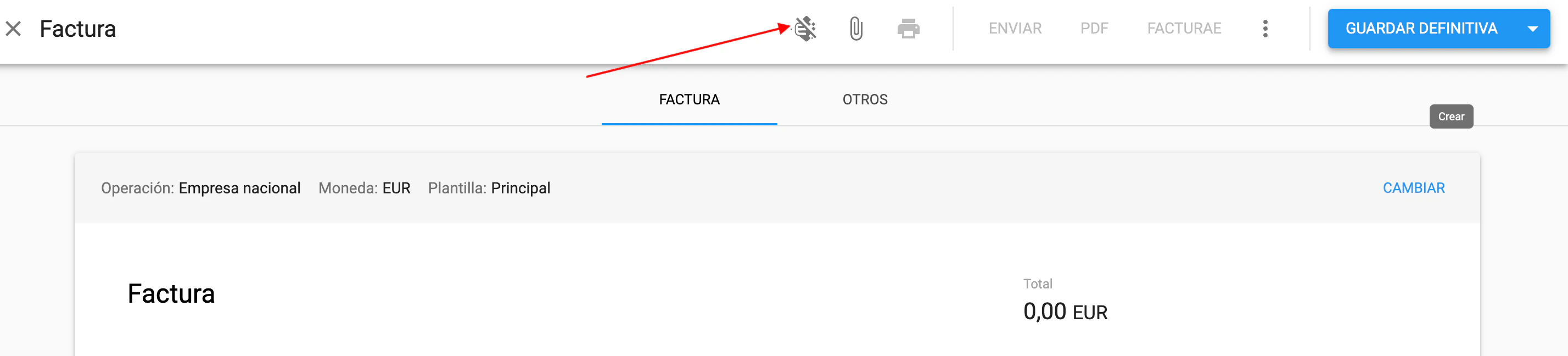 Página de edición de factura con opciones Facturae