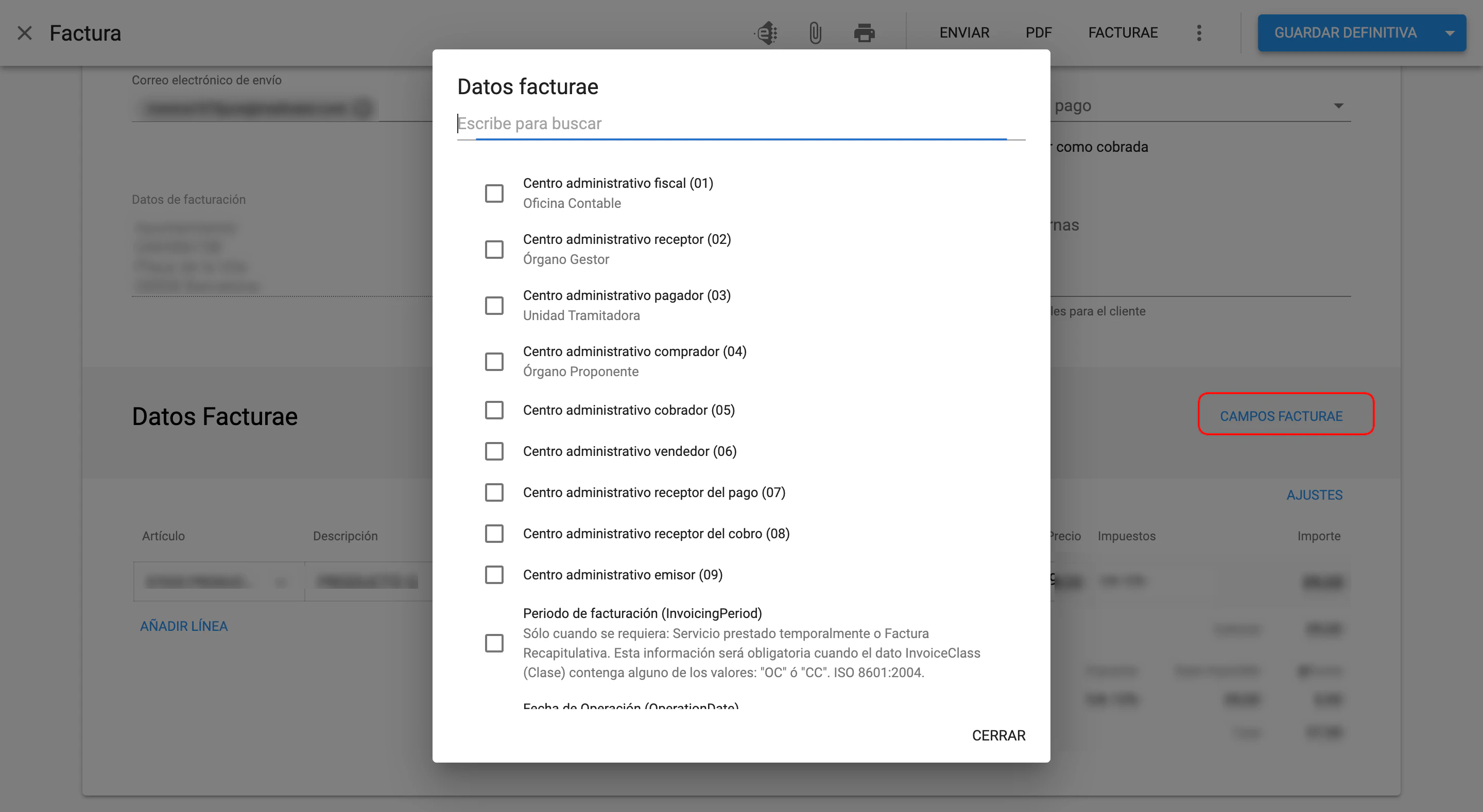 Ventana de selección de campos Facturae