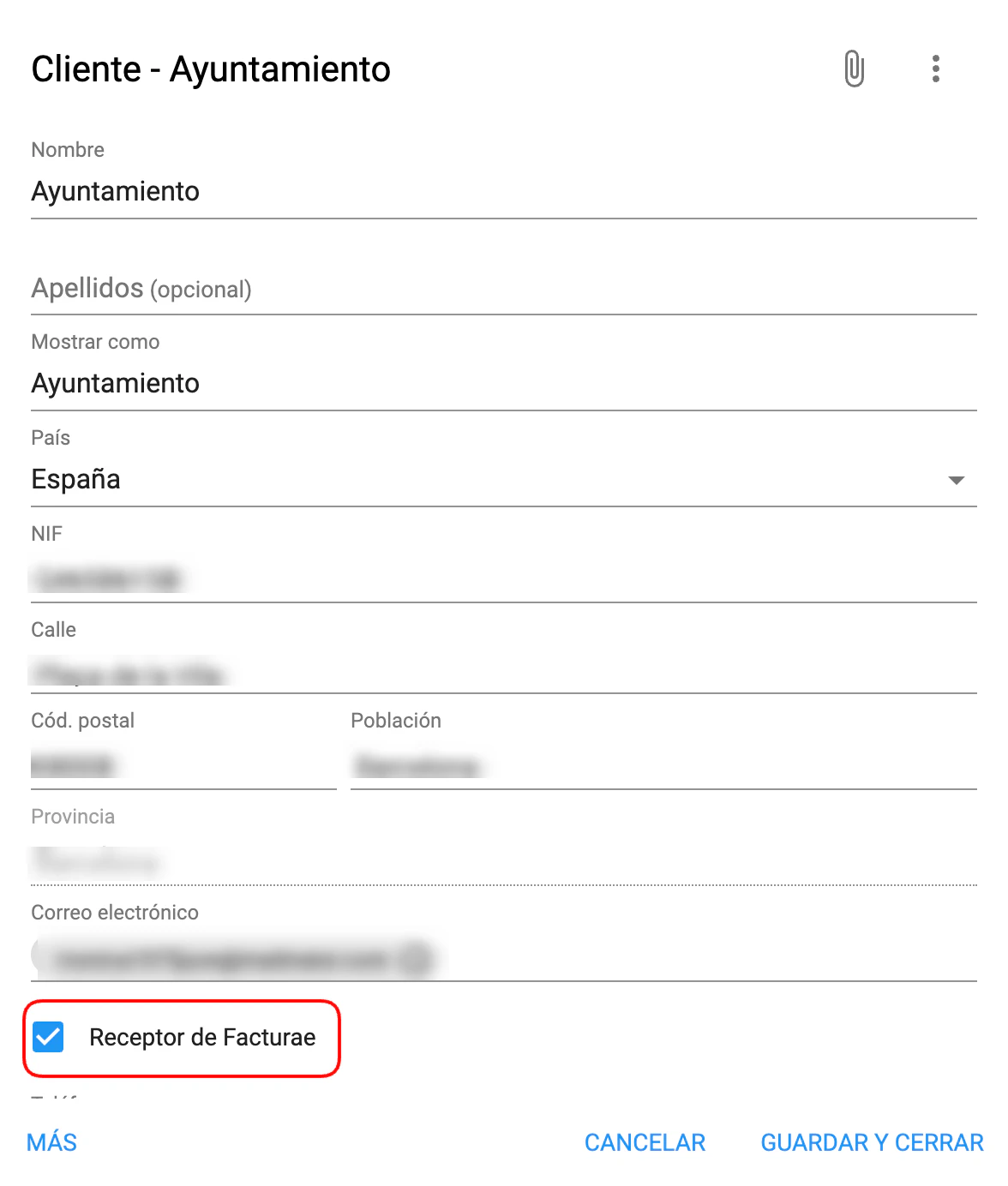 Perfil del cliente con opción de receptor de facturae