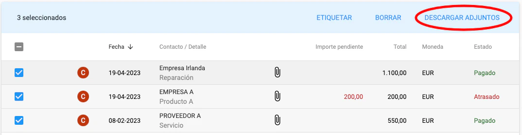 Descarga múltiple de adjuntos desde el listado de documentos