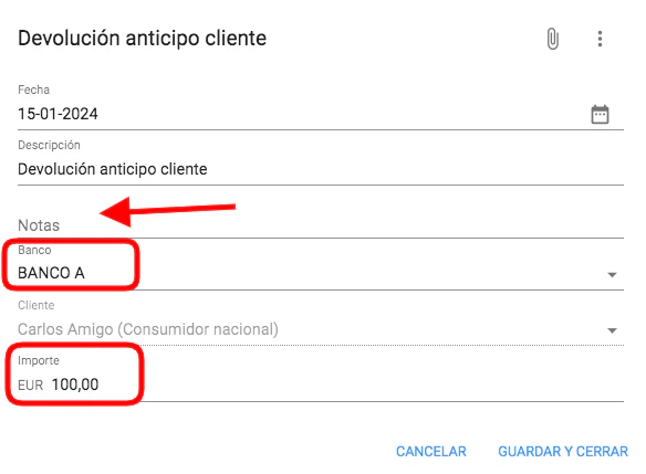 Registrar devolución de anticipo desde bancos