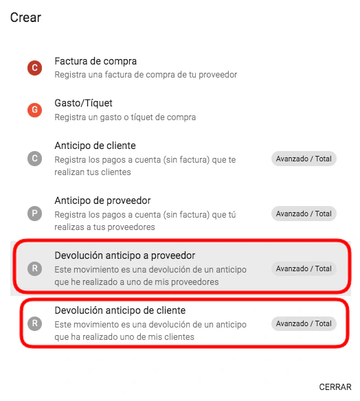 Crear devolución de anticipo desde contacto