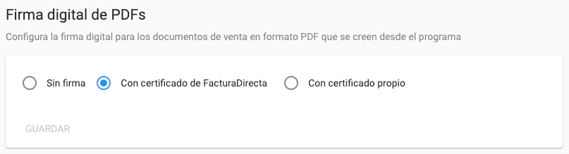 Opciones de configuración de la firma digital de documentos de venta