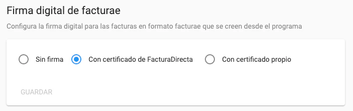 Opciones de configuración de la firma digital de facturae