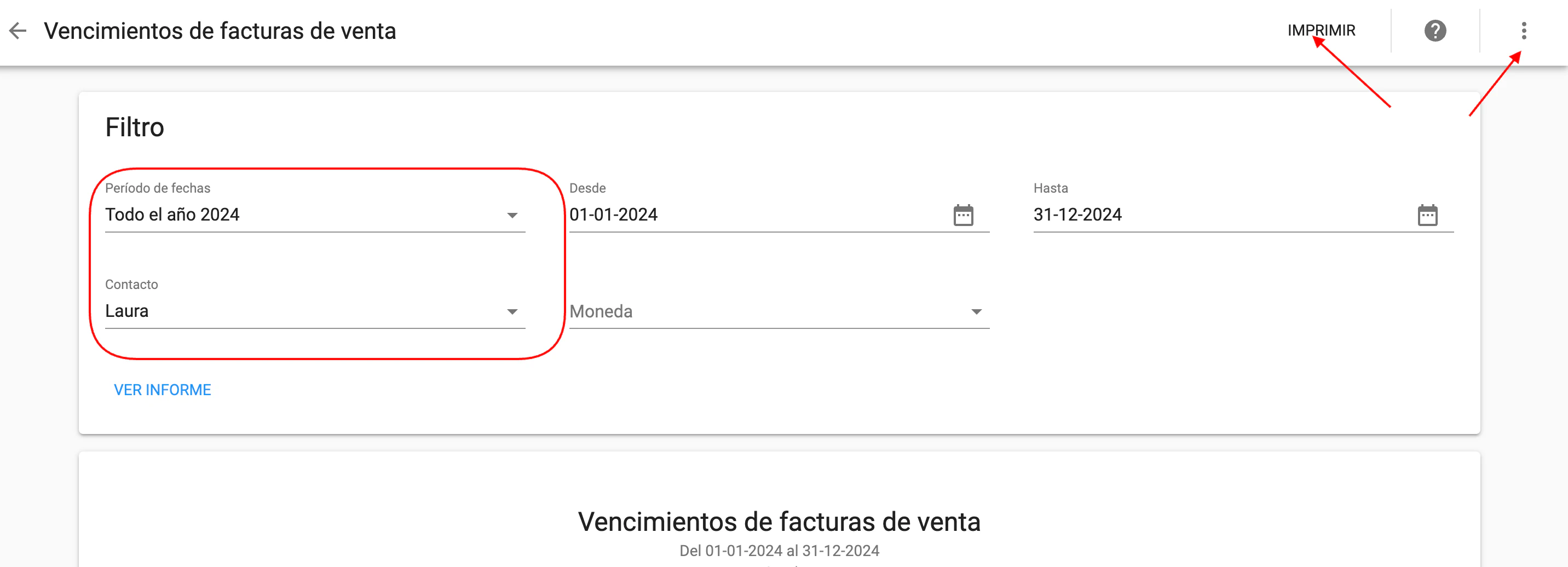 Detalle del informe de vencimientos