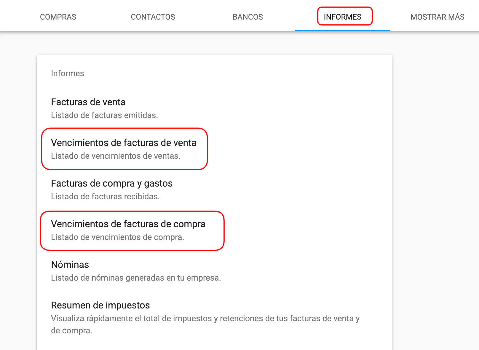 Menú de informes de vencimientos