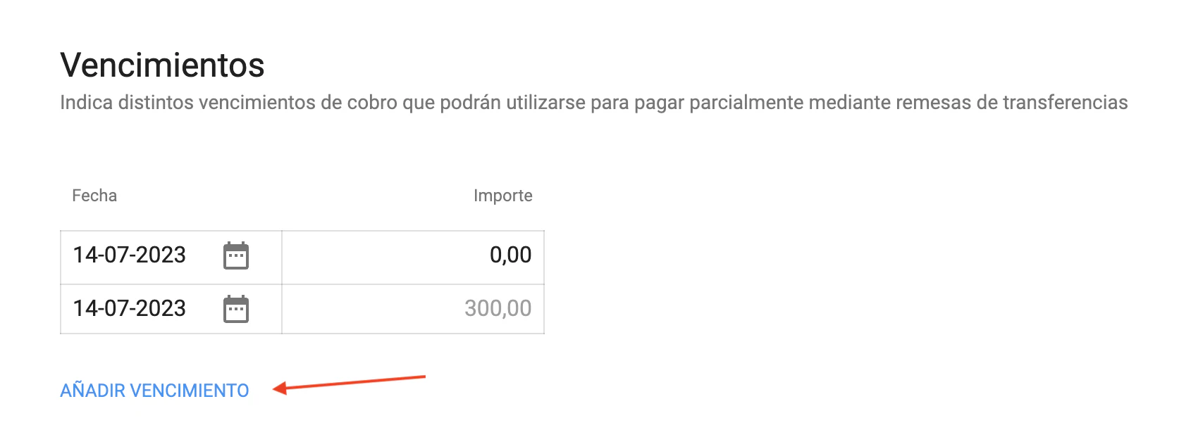 Sección de vencimientos con botón Añadir vencimiento