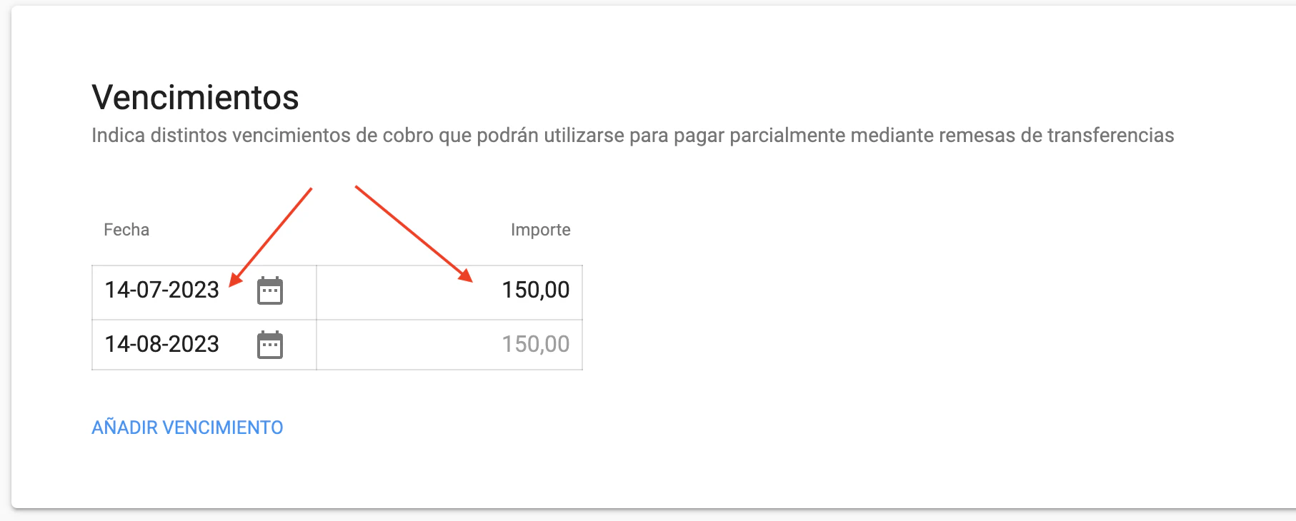 Formulario para especificar fecha e importe del vencimiento