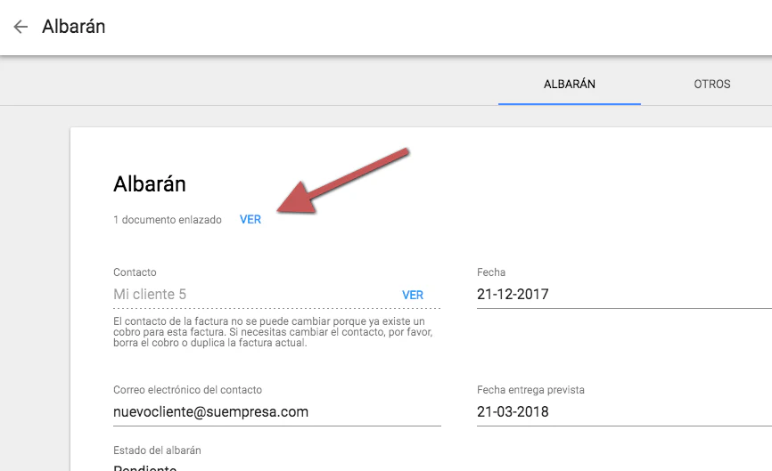 Presupuesto enlazado a albarán